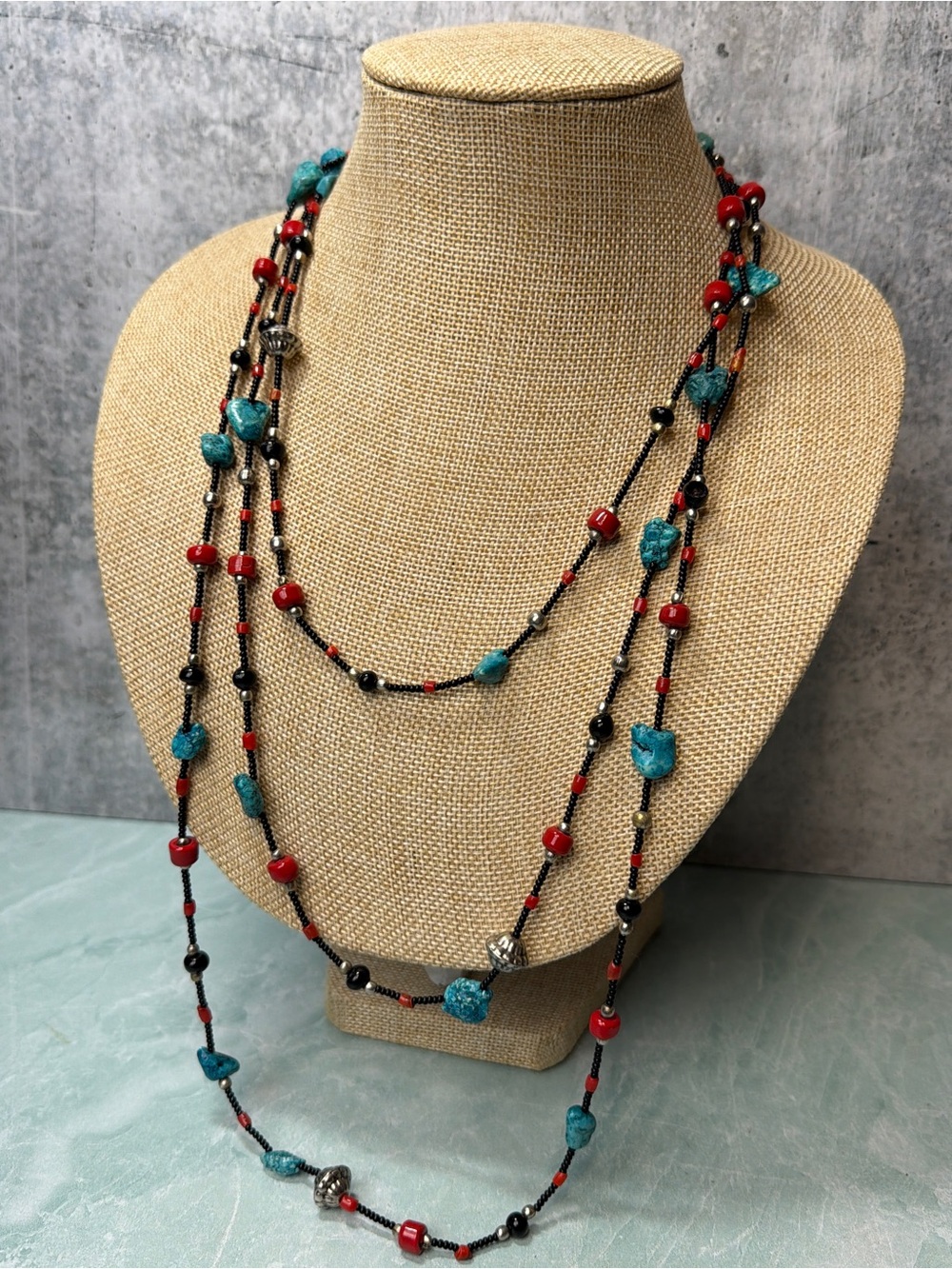 Multi-Strand Turquoise, Silver Beads & Red Coral Necklace Black Beads